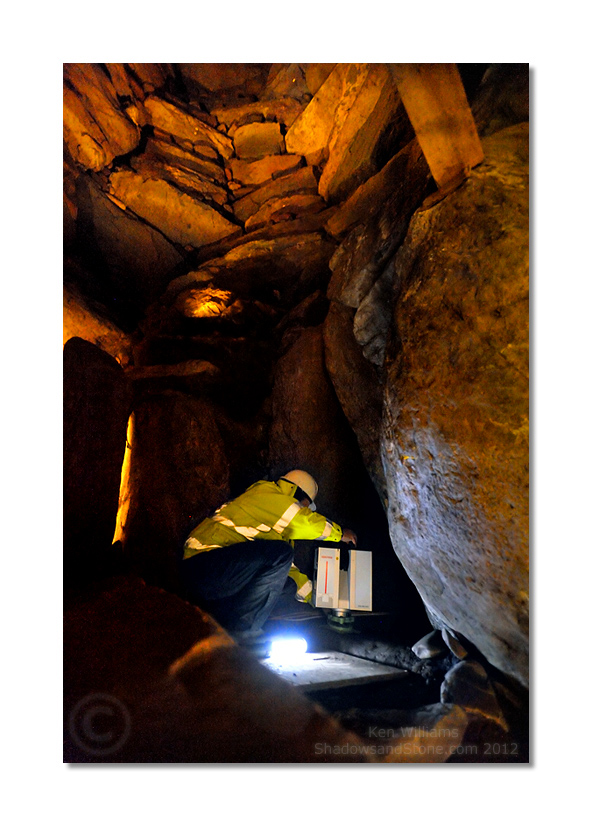 Marcus sets up the instrument to being a 360° scan of the chamber and passage of Knowth East, collecting up to 500,000 data points per second.